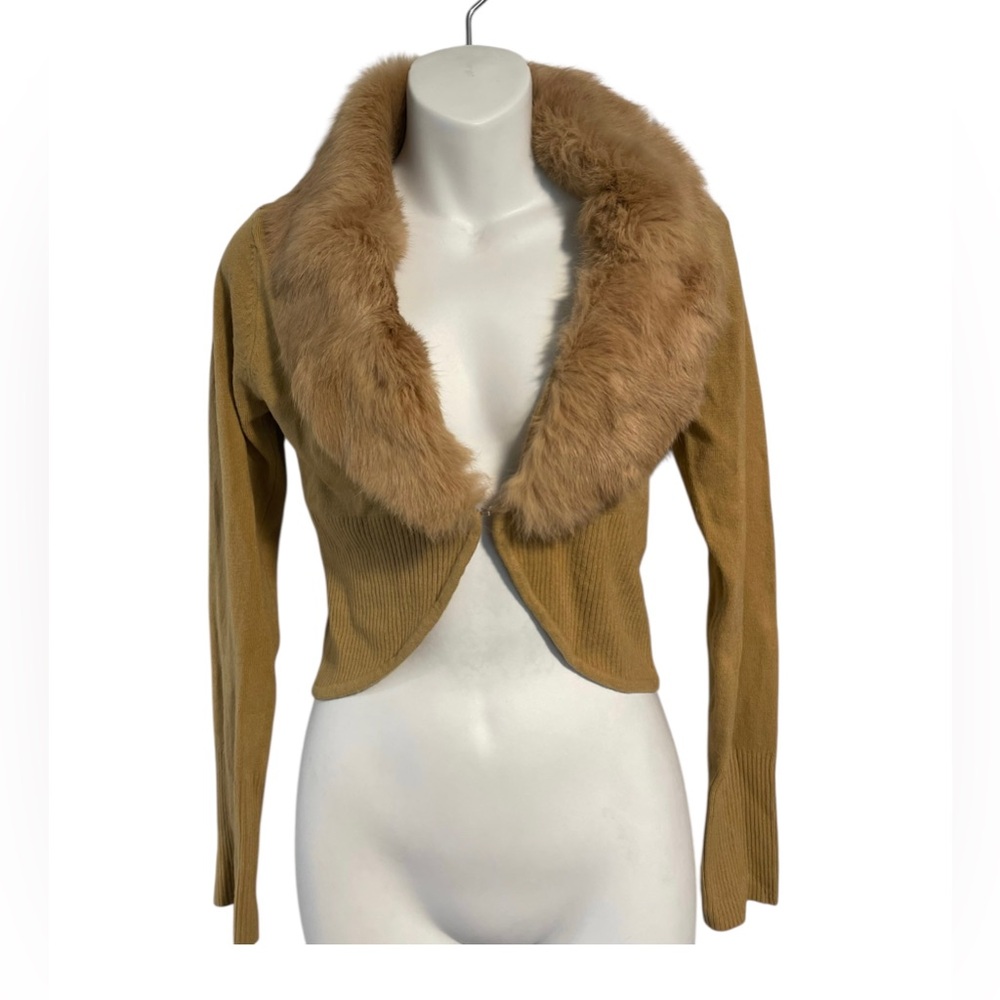 XOXO Collection Brown Rabbit Fur Trim Crop Ribbed Cardigan Sweater Y2K Sz Medium - Picture 3 of 12
